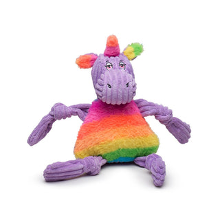 Large unicorn shaped durable plush corduroy dog toys with squeakers, rainbow faux-fur horn and ears, purple head, purple knotted limbs, and rainbow faux-fur stomach.