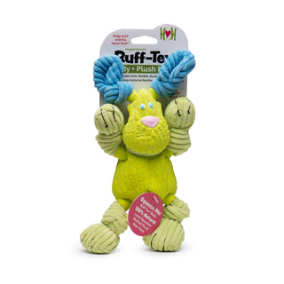 Bunny shaped squeaky dog toy made of a combination of latex body and head with plush knotted ears and limbs: lime green body and limbs, blue eyes and ears, and pink nose in packaging
