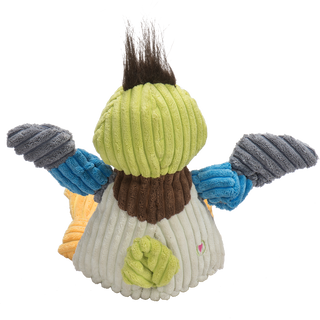 Back of duck shaped durable squeaky plush dog toys. The duck has black hair, green head, black eyes, white pupils, yellow beak, brown neck, white body, green tail, blue and gray-blue knotted arms, and yellow knotted legs and feet.