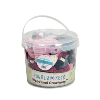 Bucket of twelve woodland themed, catnip-filled cat toys: 3 each of pink bunny, 3 each of grey raccoon, 3 each of maroon mouse, and 3 each of grey oppossum.