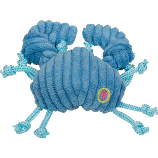 Back of blue corduroy crab cat toy with two large claws, embroidered Huggle Group heart logo and corded legs and feelers.