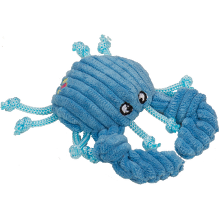 Blue corduroy crab cat toy with two large claws, embroidered eyes and corded legs and feelers.