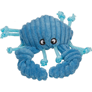 Blue corduroy crab cat toy with two large claws, embroidered eyes and corded legs and feelers.