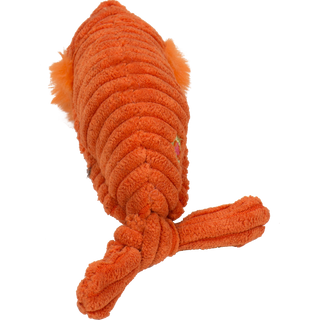 Back of an orange corduroy shrimp with embroidered eyes and plush mouth cat toy.