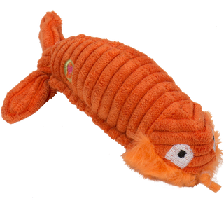 Orange corduroy shrimp with embroidered eyes and plush mouth cat toy.