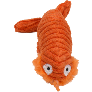 Orange corduroy shrimp with embroidered eyes and plush mouth cat toy.