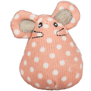 Pink catnip stuffed mouse shaped cat toy with white polka dots, black whiskers, and gray inner-ear.