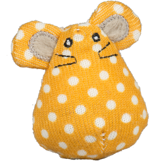 Yellow catnip stuffed mouse shaped cat toy with white polka dots, black whiskers, and gray inner-ear.