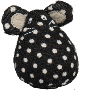 Black catnip stuffed mouse shaped cat toy with white polka dots, white whiskers, and gray inner-ear.