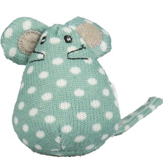 Teal catnip stuffed mouse shaped cat toy with white polka dots, black whiskers, and gray inner-ear.