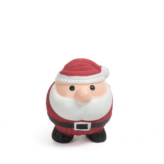 Squeaky ball shaped santa dog toy: Has on his signature red and white hat, black eyes, large white beard, santa suit, and black boots.