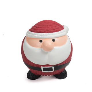 Squeaky ball shaped santa dog toy: Has on his signature red and white hat, black eyes, large white beard, santa suit, and black boots.