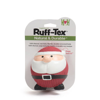 Squeaky ball shaped santa dog toy inside of Ruff-Tex package.