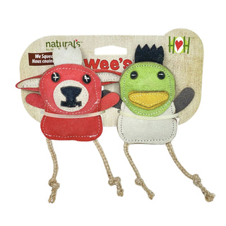 Set of two all-natural leather dog chew toys with rope legs designed for pint-sized pups in packaging: pink bunny with white hair, inner ears, and around the mouth, black eyes and mouth; green and gray duck with green head, gray body and arms, black hair and eyes, and yellow bill.