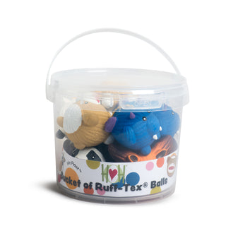 Bucket of Ruff-Tex® balls is clear plastic with a handle.
