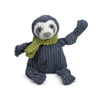 Large gray durable plush corduroy dog toy with white face, light gray outer-eyes and nose, green scarf, and gray knotted limbs.