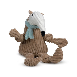 Tan anteater shaped durable corduroy plush dog toys in large and small with knotted limbs, long white face, black embroidered eyes and nose, and light-blue scarf. Size large.