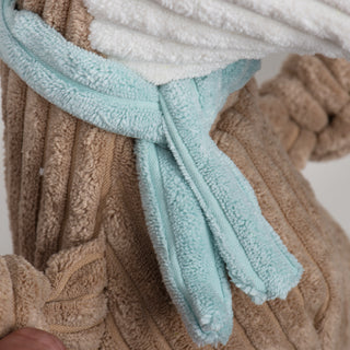 Close up to show light blue scarf.