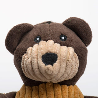 Close up of Baylor University Bruiser the brown bear mascot durable plush corduroy dog toy face to show embroidery detail.