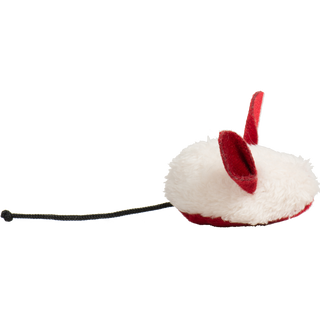 Side view of the HuggleKats plush mouse with red felt ears and cord tail.