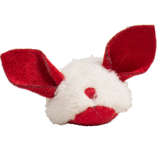 Front view of the HuggleKats plush mouse with red felt ears and red heart nose.