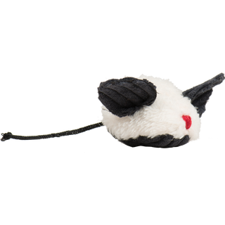 Side view of the HuggleKats plush mouse with black corduroy ears and tail.