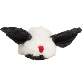 Front view of the HuggleKats plush mouse with black corduroy ears and red heart nose.