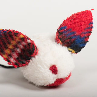 Front view of the HuggleKats plush mouse with red felt ears and red heart nose.