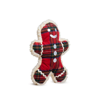 Angled view of the Plaid McButtons plush dog toy standing upright with smiling face and tartan design.