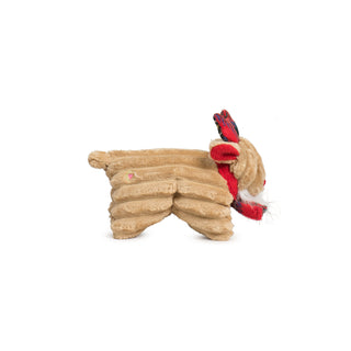 Side profile of Reindeer Squooshie plush dog toy showing full body and tartan antlers.