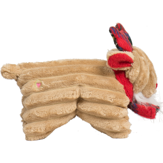 Side profile of Reindeer Squooshie plush dog toy showing full body and tartan antlers.