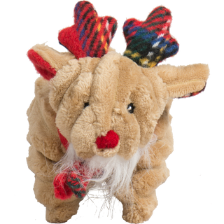 Front view of Reindeer Squooshie plush toy showing red nose and facial features.