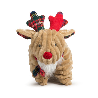 Front view of Reindeer Squooshie plush toy showing red nose and facial features.