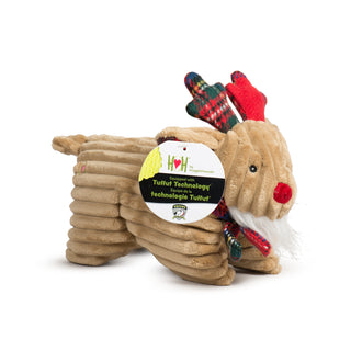 Reindeer Squooshie dog toy with HuggleHounds® hang tag attached, highlighting Tuffut Technology®.