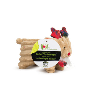 Reindeer Squooshie dog toy with HuggleHounds® hang tag attached, highlighting Tuffut Technology®.