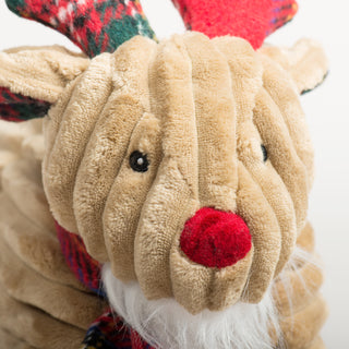 Close-up of Reindeer Squooshie dog toy face, showing red nose and plush corduroy texture.