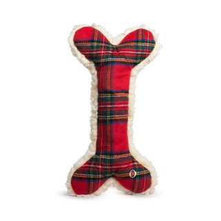 Front view of 2' HuggleFleece® Tartan Tidings Bone with hang tag and signature heart embroidery.