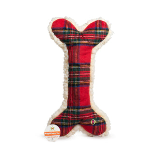Straight-on view of large 2' HuggleFleece® Bone showcasing the full red tartan plaid design and fleece trim with HuggleFleece hang tag.