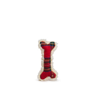 12" HuggleFleece® Tartan Tidings Bone dog toy featuring red plaid tartan fabric and soft white fleece trim.