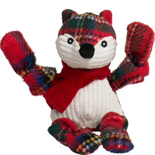 Front angle of Tartan Tidings Small Fox Knottie® dog toy with arms and legs raised