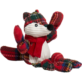 Side angle of Tartan Tidings Fox Knottie® showing its plush body and scarf