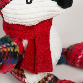 Close-up of red holiday scarf and white corduroy chest of Tartan Tidings Fox Knottie®