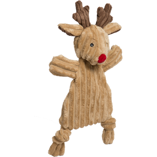 Angled side view of reindeer plush dog toy with red nose, brown antlers, and soft tan body.