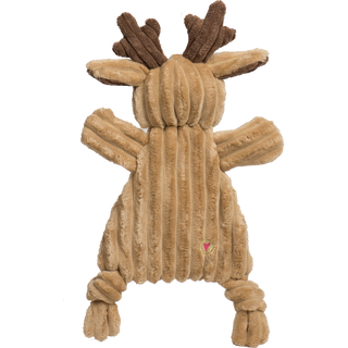 Back view of the reindeer plush toy, showing antlers and the pink embroidered heart on the back.
