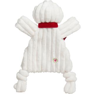 Back view of Snowman HuggleFlatties dog toy showcasing plush corduroy fabric and heart detail.