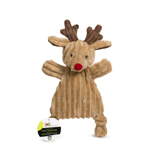 Front view of HuggleHounds reindeer plush dog toy, showing flat corduroy body and knotted limbs showing its retail packaging focusing on Tuffut Technology.