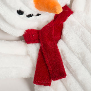 Detailed view of red holiday scarf on the Snowman HuggleFlatties plush dog toy.