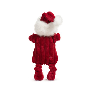 Black view of St. Nick HuggleFlattie with white plush trim and pom pom on hat and plush details.