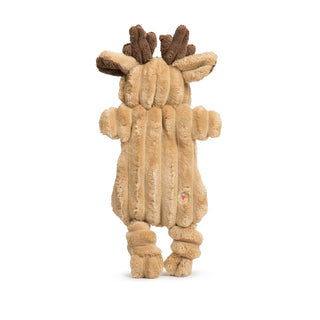 Back view of Rudy Reindeer HuggleFlattie with chocolate brown antlers and corduroy texture.