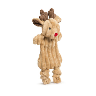 Side view of Rudy Reindeer HuggleFlattie with red nose and corduroy texture.